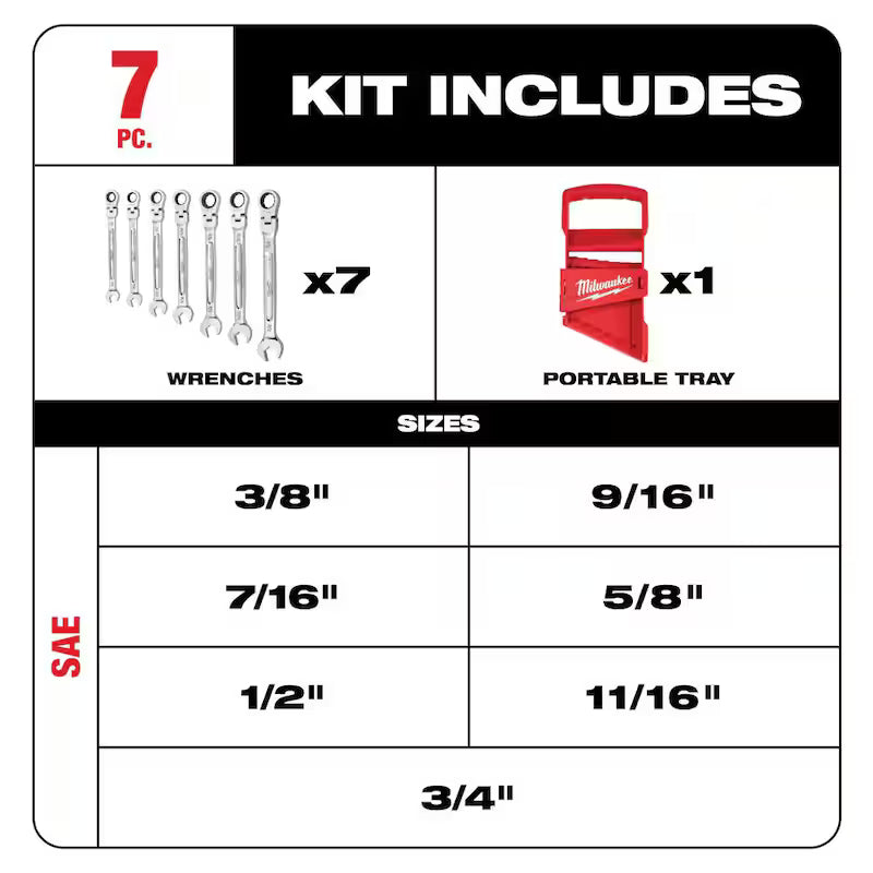 7-Piece Flex-Head Ratcheting Combination Wrench Set SAE A899233