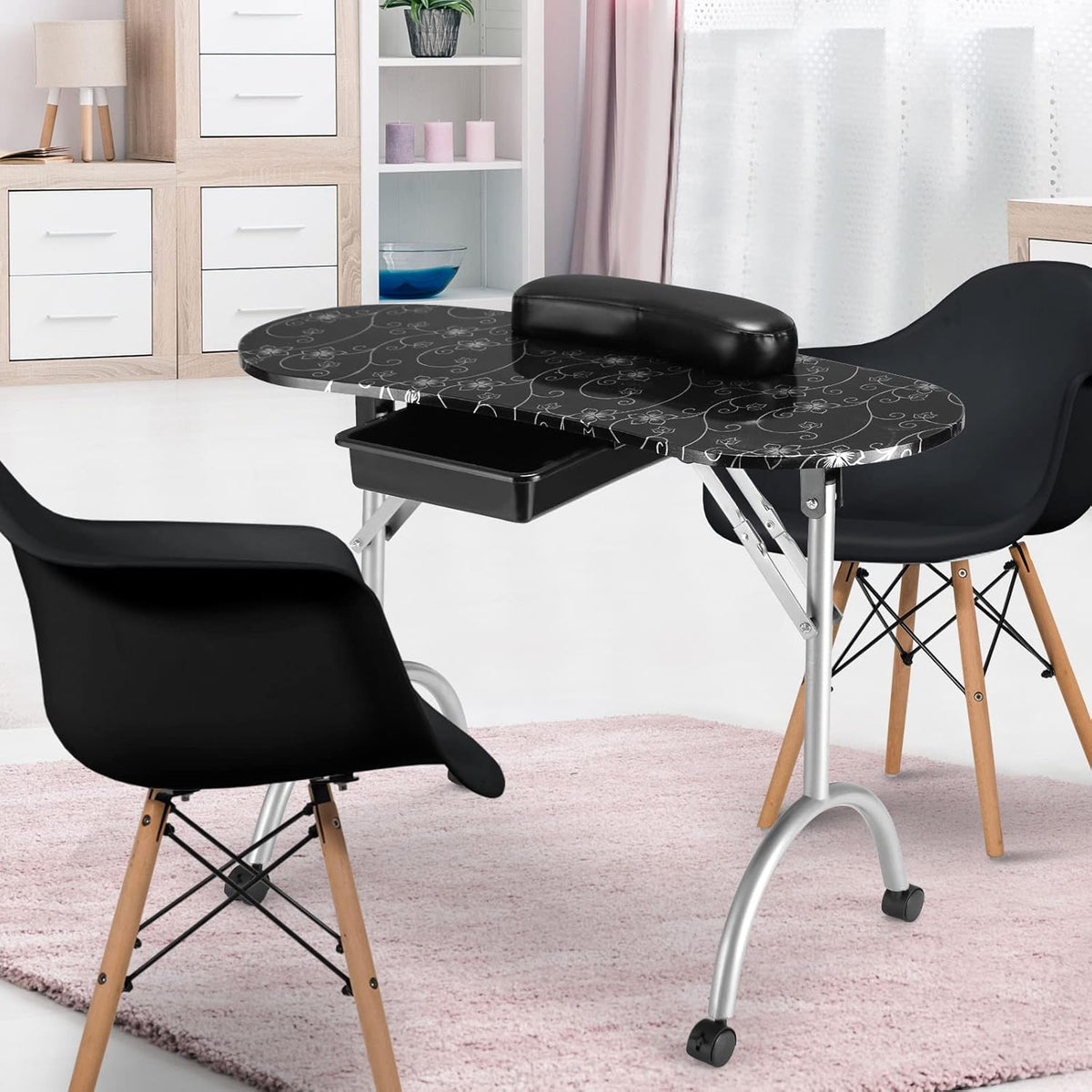 Black Portable Nail Table with Drawer and Casters S69783