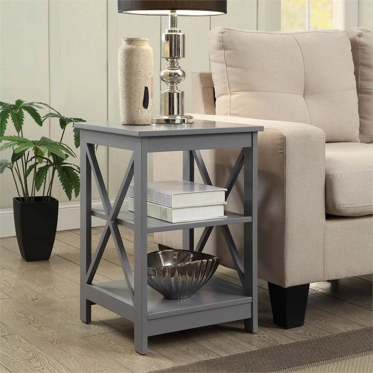 2 Piece X Frame Wood End Table Set in Gray M175037