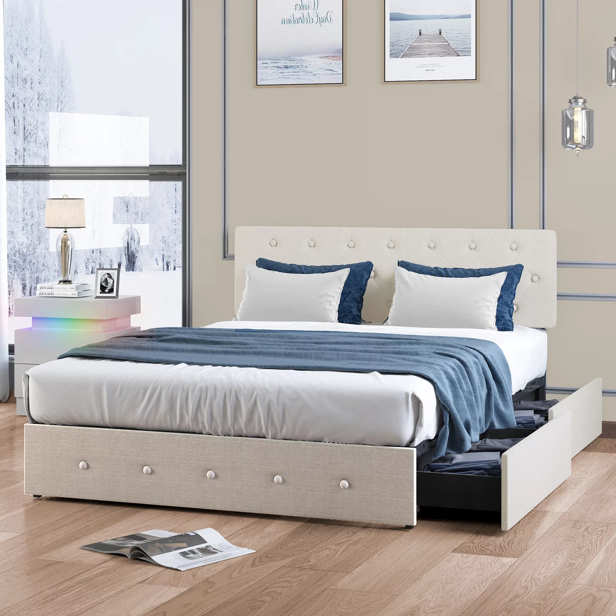 Light Grey Full Size Bed Frame with 4 Storage Drawers V971231