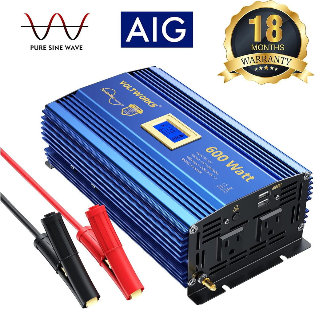600 Watts Pure Sine Wave Power Inverter DC 12V to AC 110V 120V with USB Port & LCD Display G6110