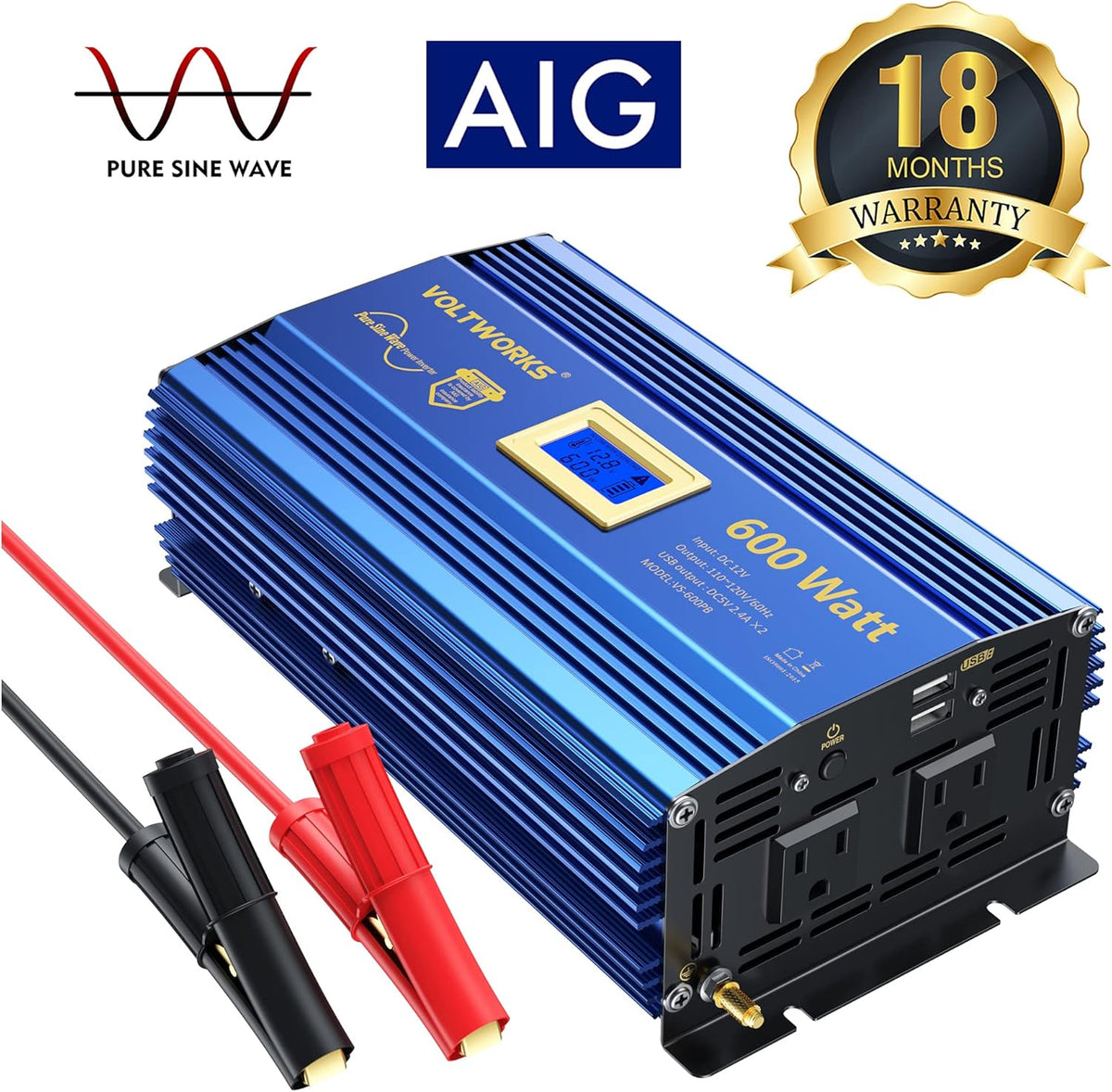 600 Watts Pure Sine Wave Power Inverter DC 12V to AC 110V 120V with USB Port & LCD Display G6110