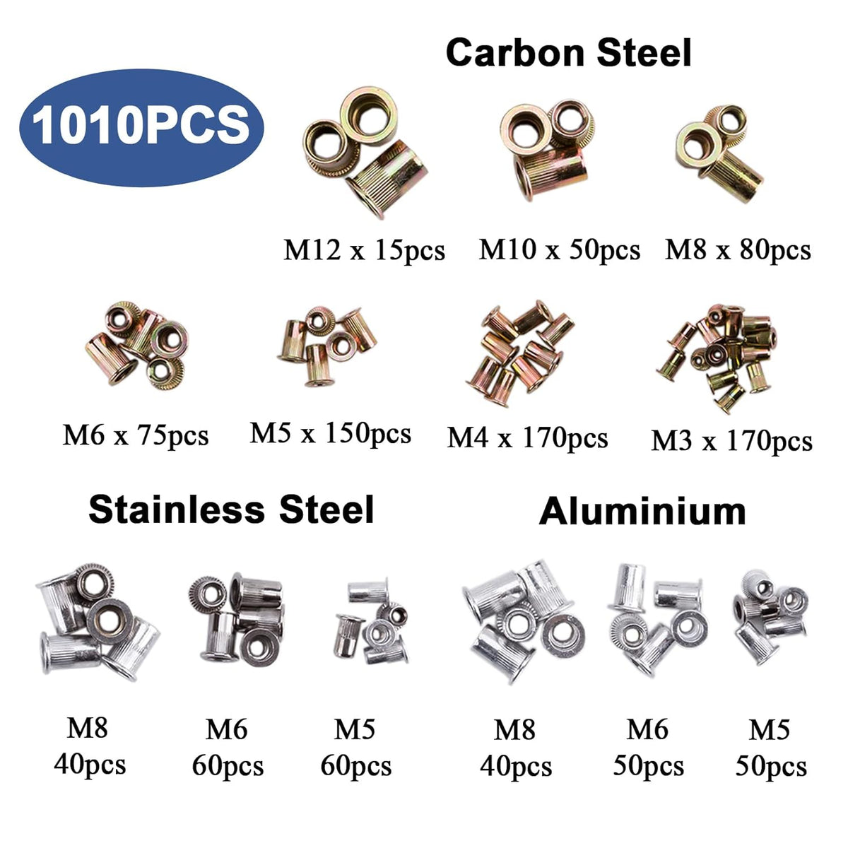 1010pcs Metric Rivet Nut Kit M3-M12 Stainless Steel with Case M3588