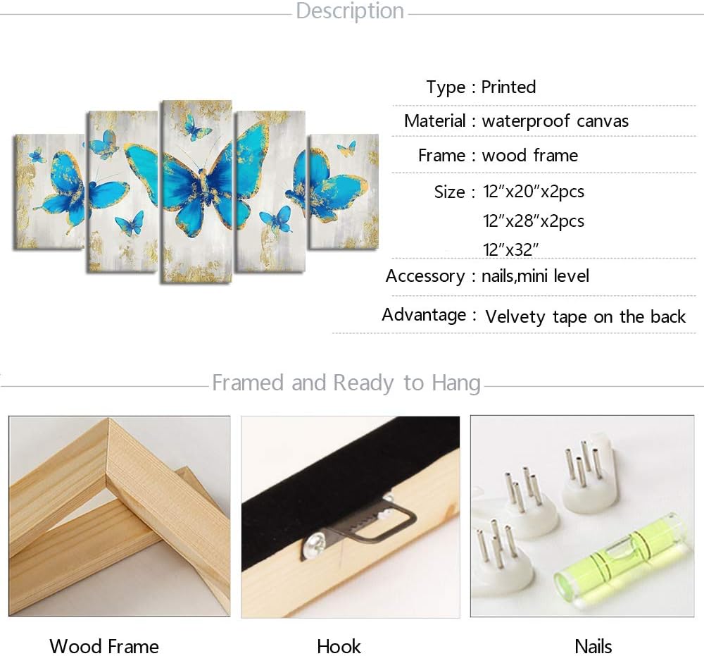 Large 5 Piece Teal Blue Butterfly Canvas Prints Wall Art I3067