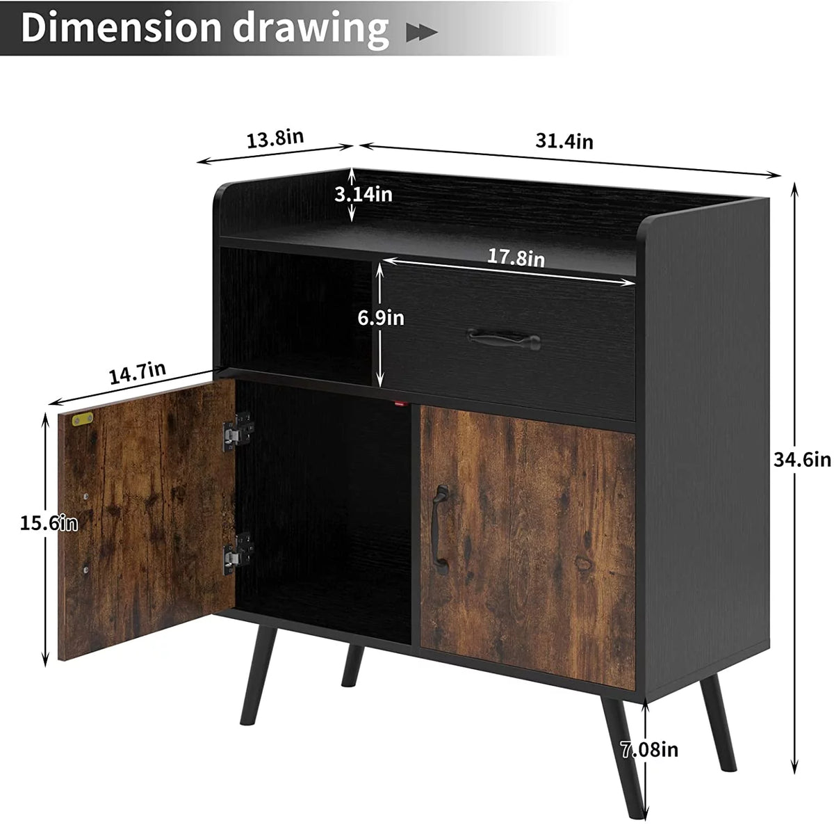 Black and Rustic Brown Wood Storage Cabinet with 1 Drawer K387446