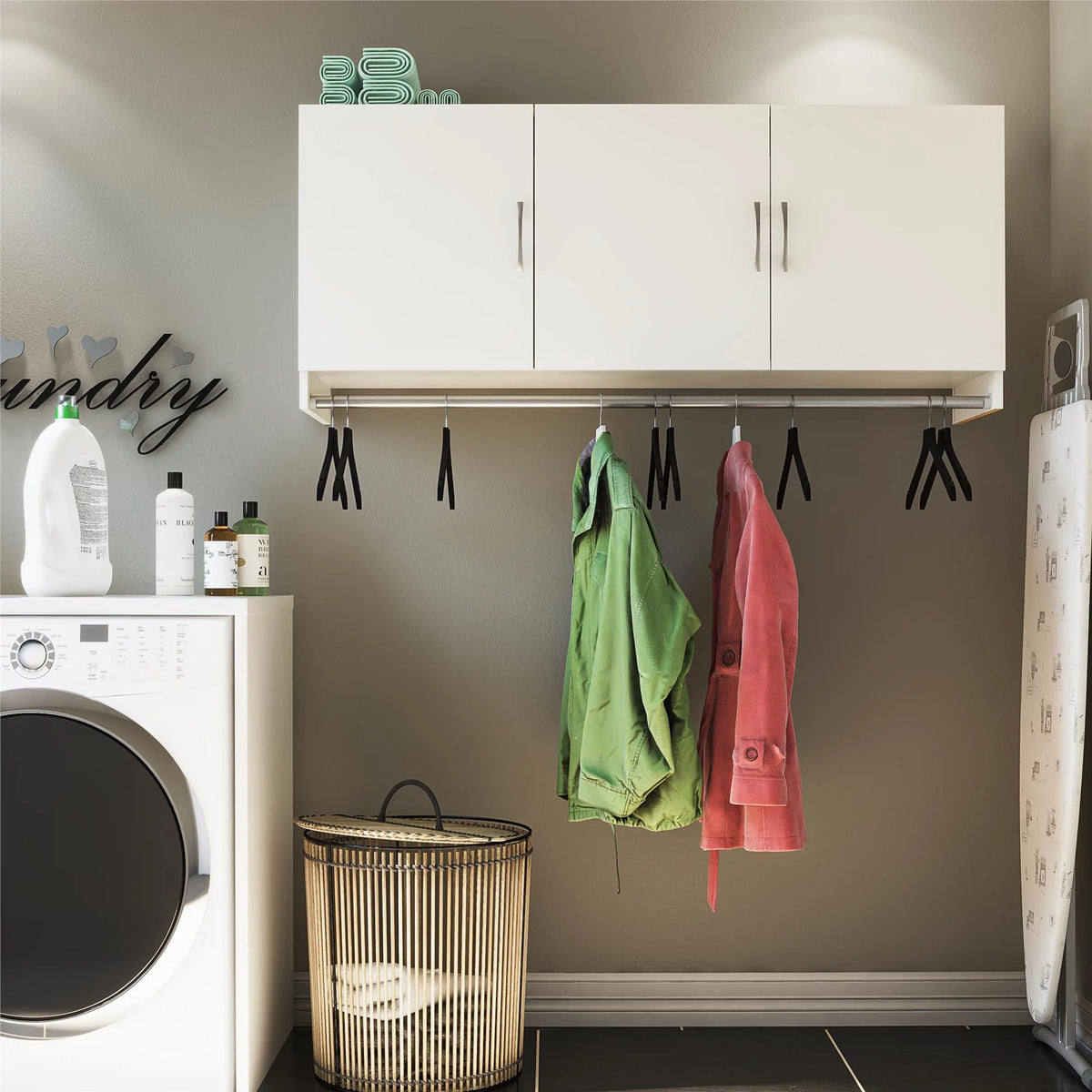 White 3 Door Wall Cabinet with Hanging Rod R9404