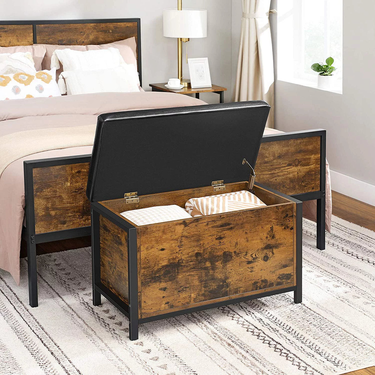 Rustic Brown and Black Storage Bench with Padded Seat J8648