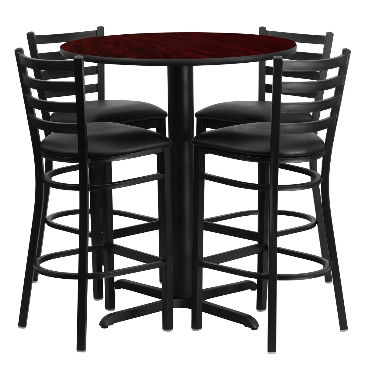 30'' Round Black Laminate Table Set with 4 Metal Barstools S475888