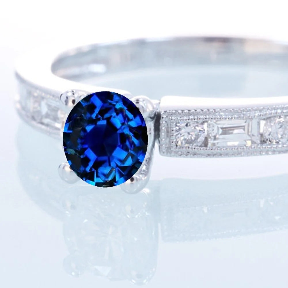 1.5 Carat Round Cut Blue Sapphire And Diamond Moissanite Engagement Ring On 10K White Gold U2692