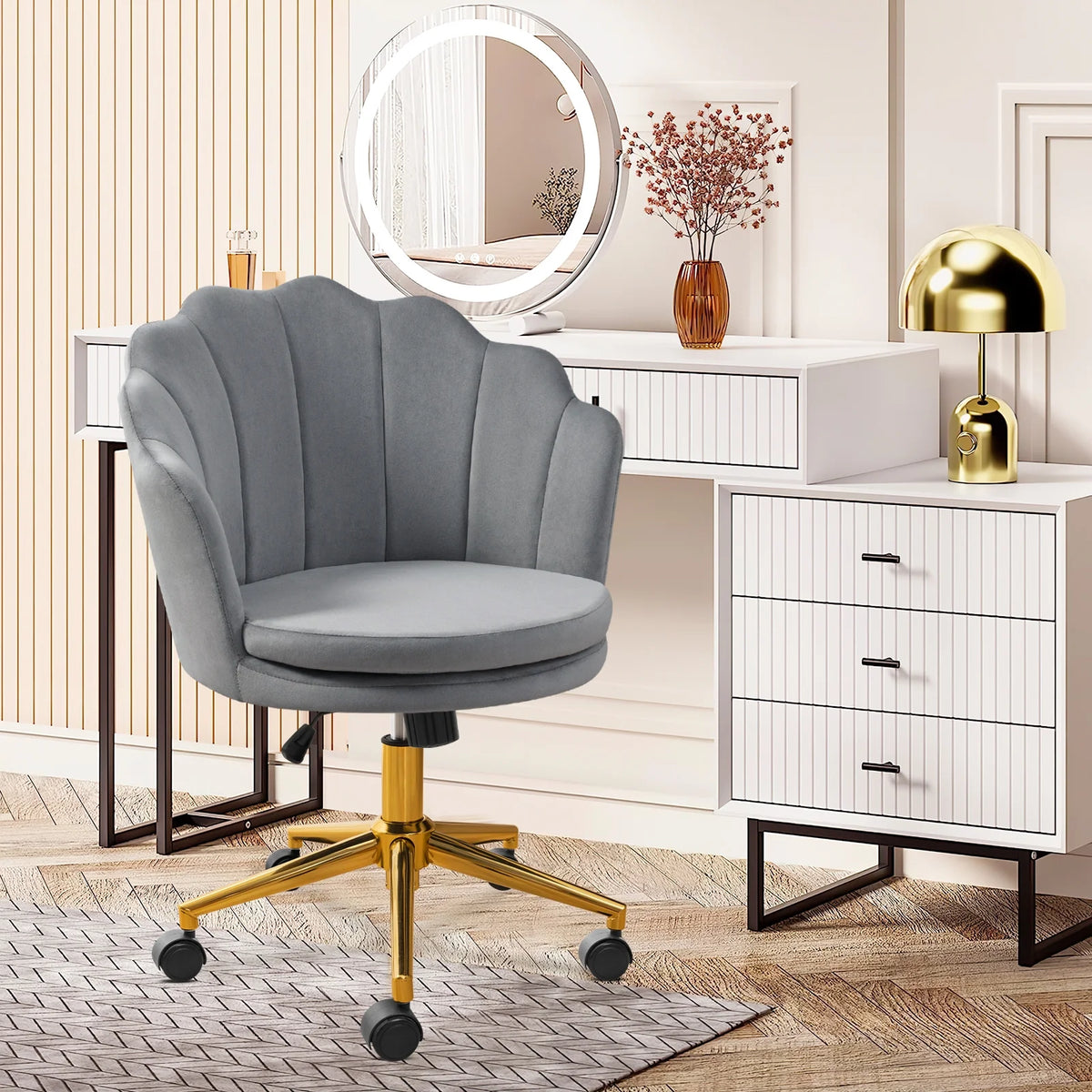 Grey Velvet Adjustable Swivel Office Chair K383807