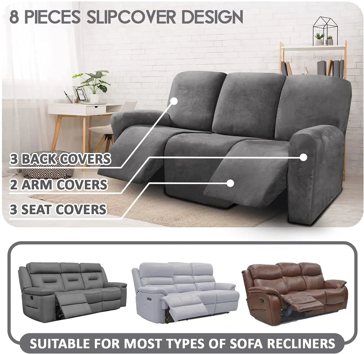 Velvet Sofa Cover 3-Seater Set of 8 X64783