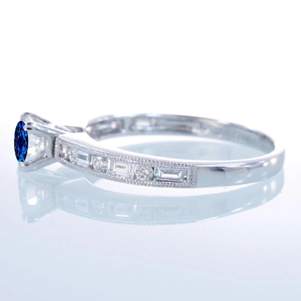 1.5 Carat Round Cut Blue Sapphire And Diamond Moissanite Engagement Ring On 10K White Gold U2692