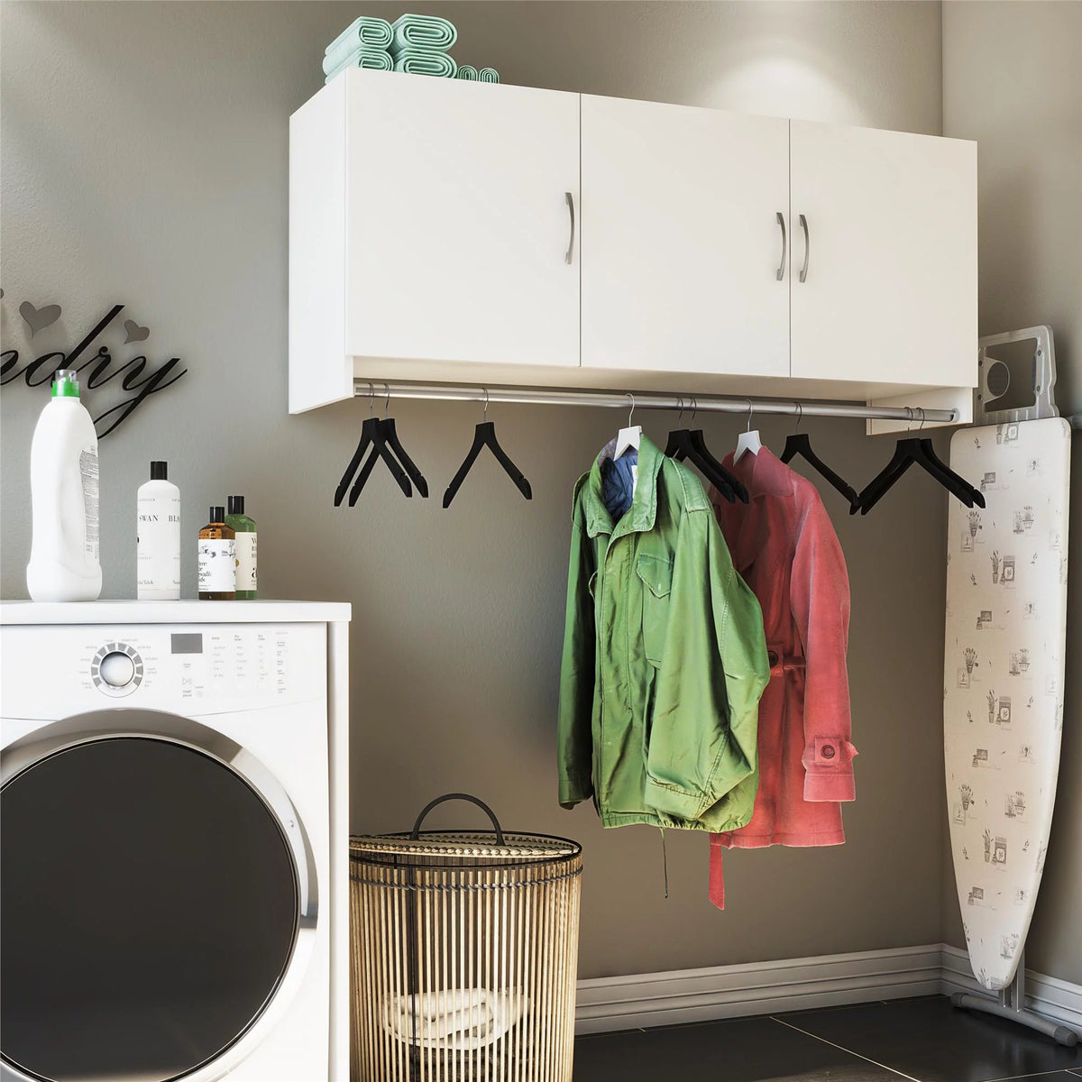 White 3 Door Wall Cabinet with Hanging Rod R9404