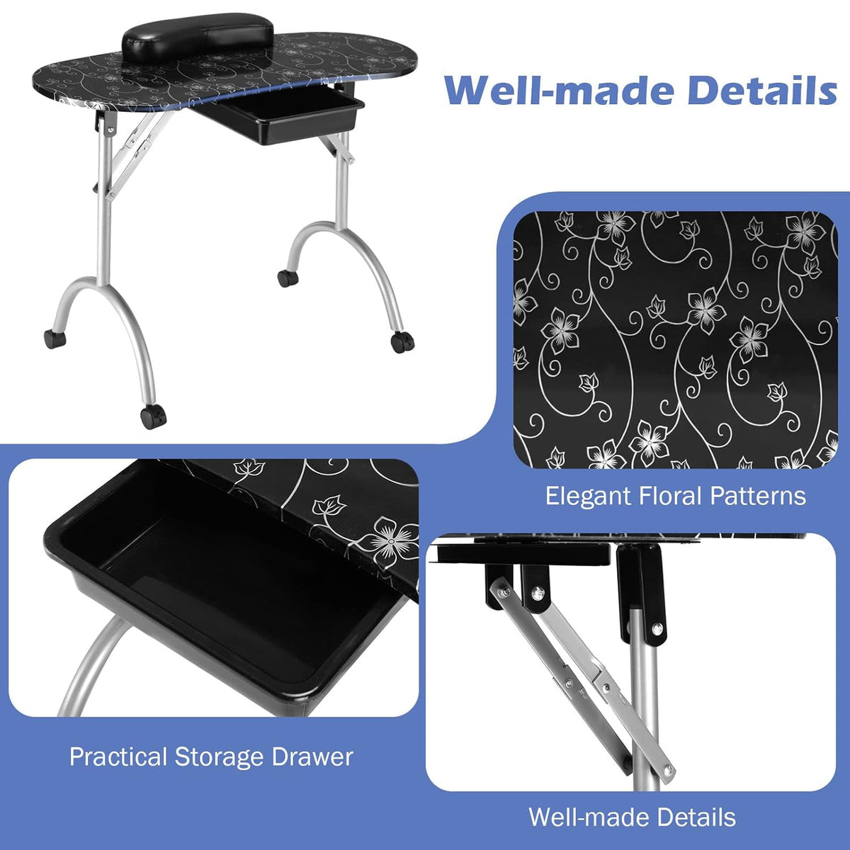 Black Portable Nail Table with Drawer and Casters S69783