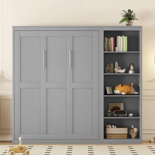 Queen Murphy Bed with Storage Bookcase Shelves, Wood Folding Grey Murphy Wall Bed Cabinet B806