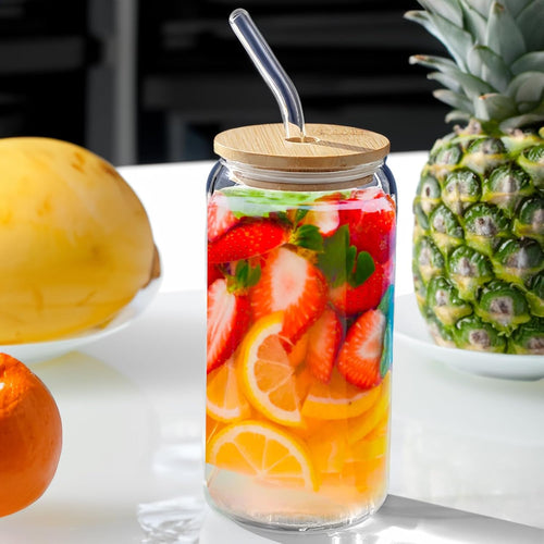 16 oz Glass Tumbler with Bamboo Lid and Straw A47366