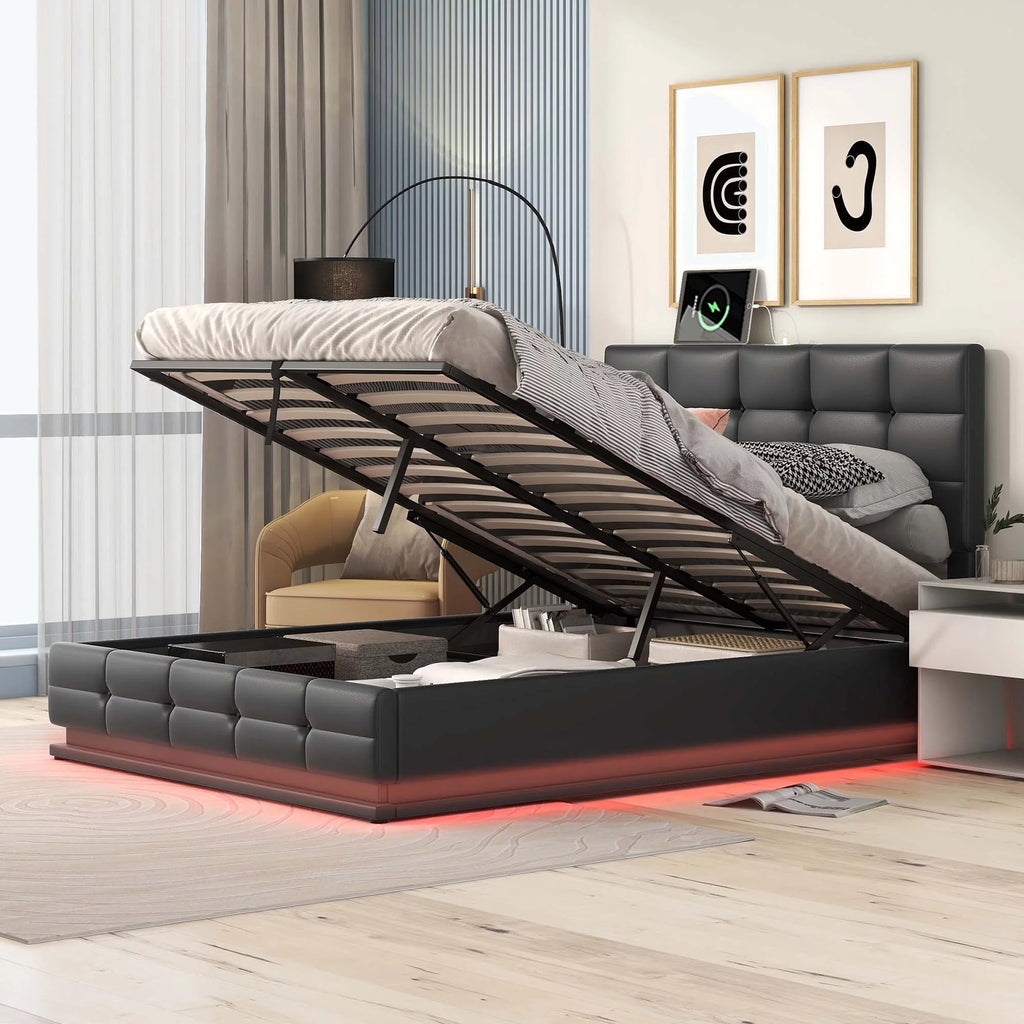 White Queen Size Tufted Upholstered Platform Bed with LED Lights and USB Charger P888980