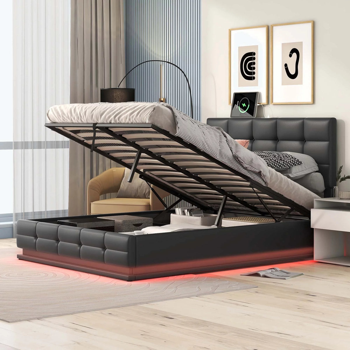 White Queen Size Tufted Upholstered Platform Bed with LED Lights and USB Charger P888980