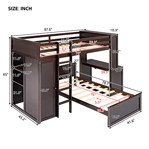 Twin Over Twin Solid Wood Bunk Bed with Storage I741
