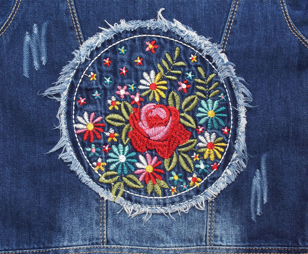 Pink Detachable Hood Flower Embroidered Jean Jacket L572