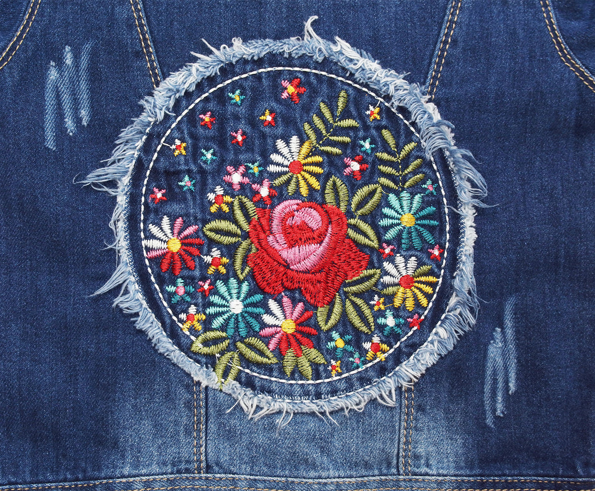 Pink Detachable Hood Flower Embroidered Jean Jacket L572