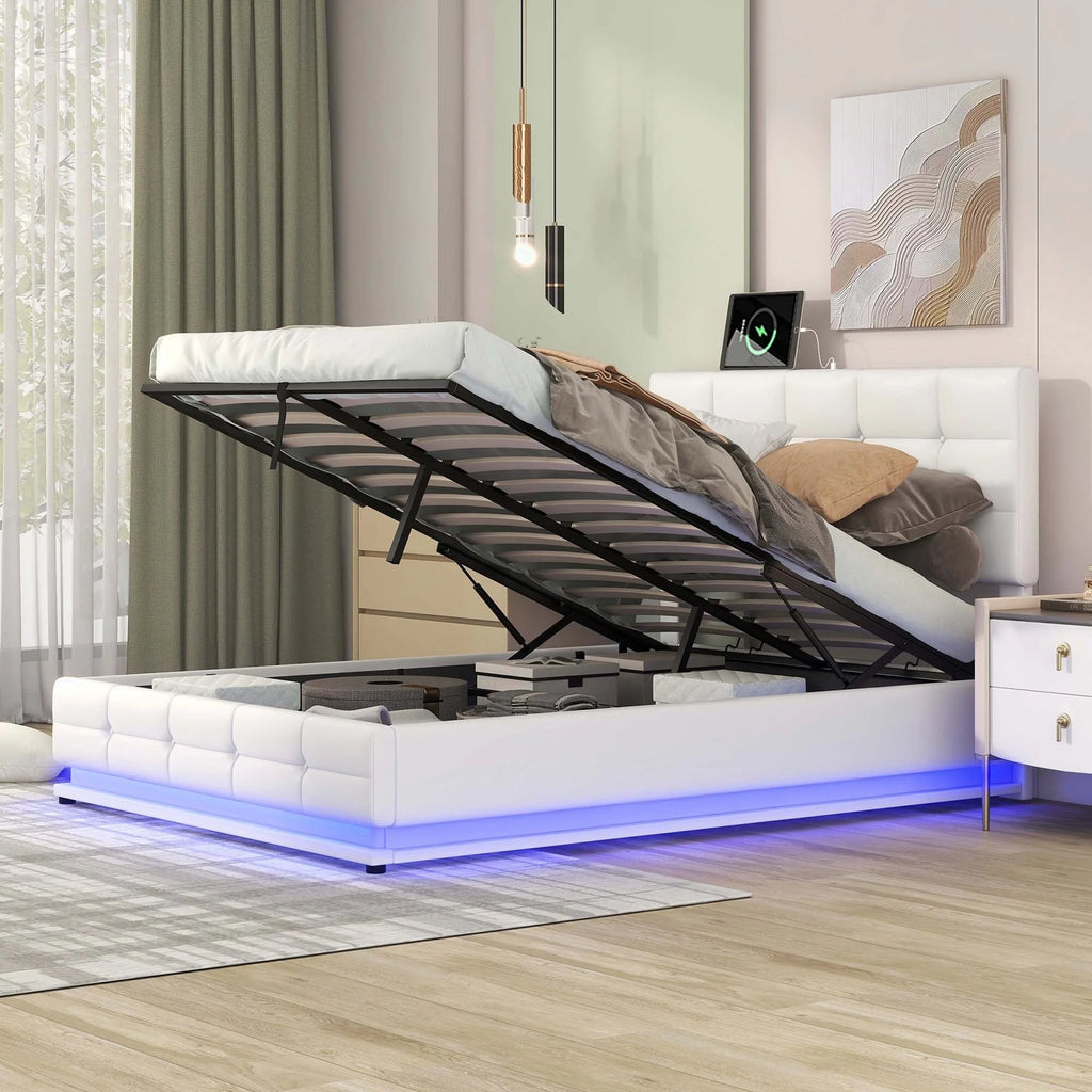 White Queen Size Tufted Upholstered Platform Bed with LED Lights and USB Charger P888980