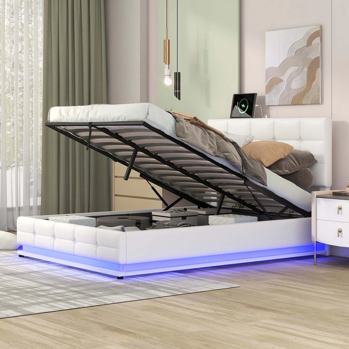 White Queen Size Tufted Upholstered Platform Bed with LED Lights and USB Charger P888980