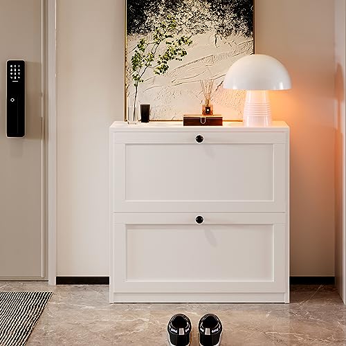 White Shoe Cabinet with 2 Flip Drawers and Adjustable Shelf Q2191