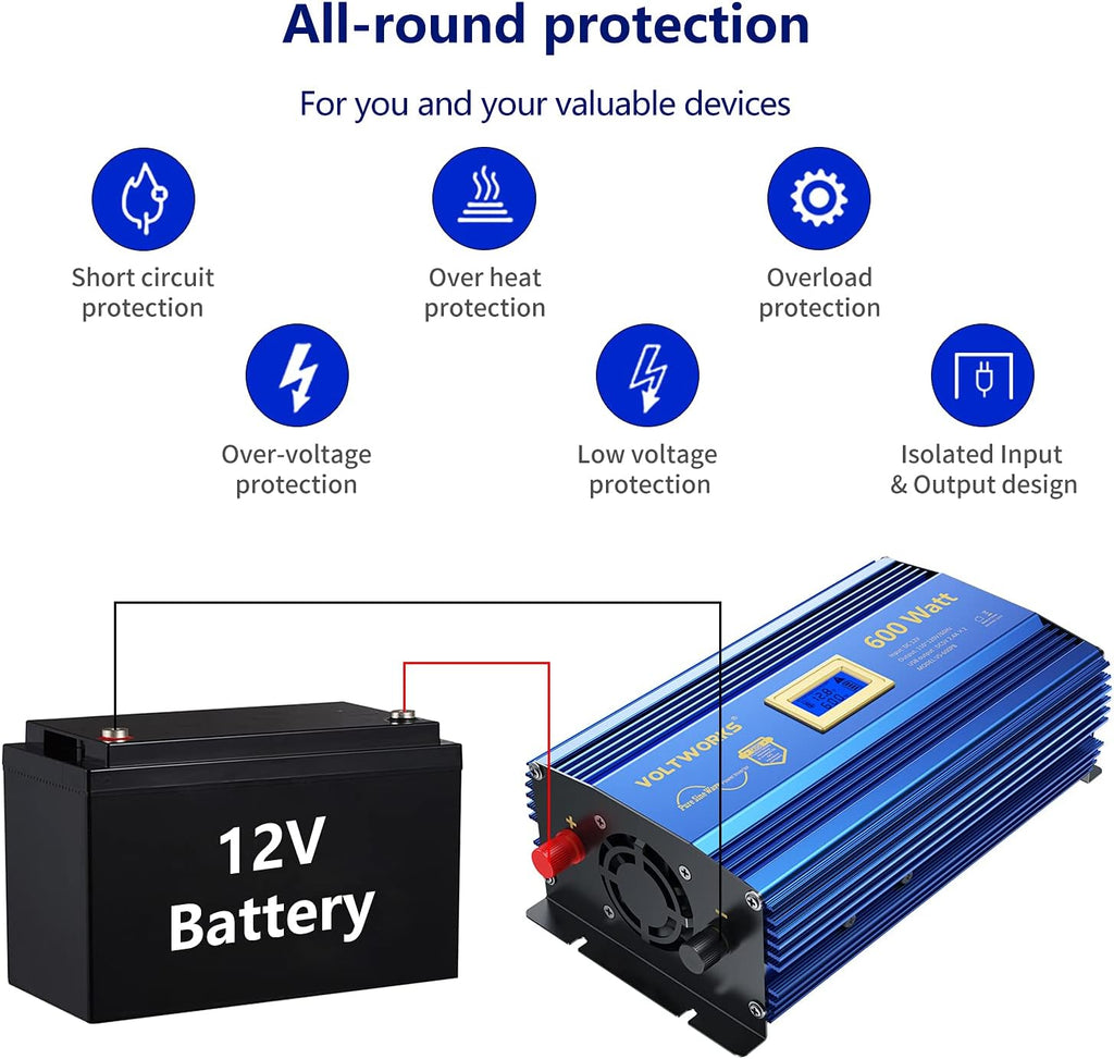 600 Watts Pure Sine Wave Power Inverter DC 12V to AC 110V 120V with USB Port & LCD Display G6110