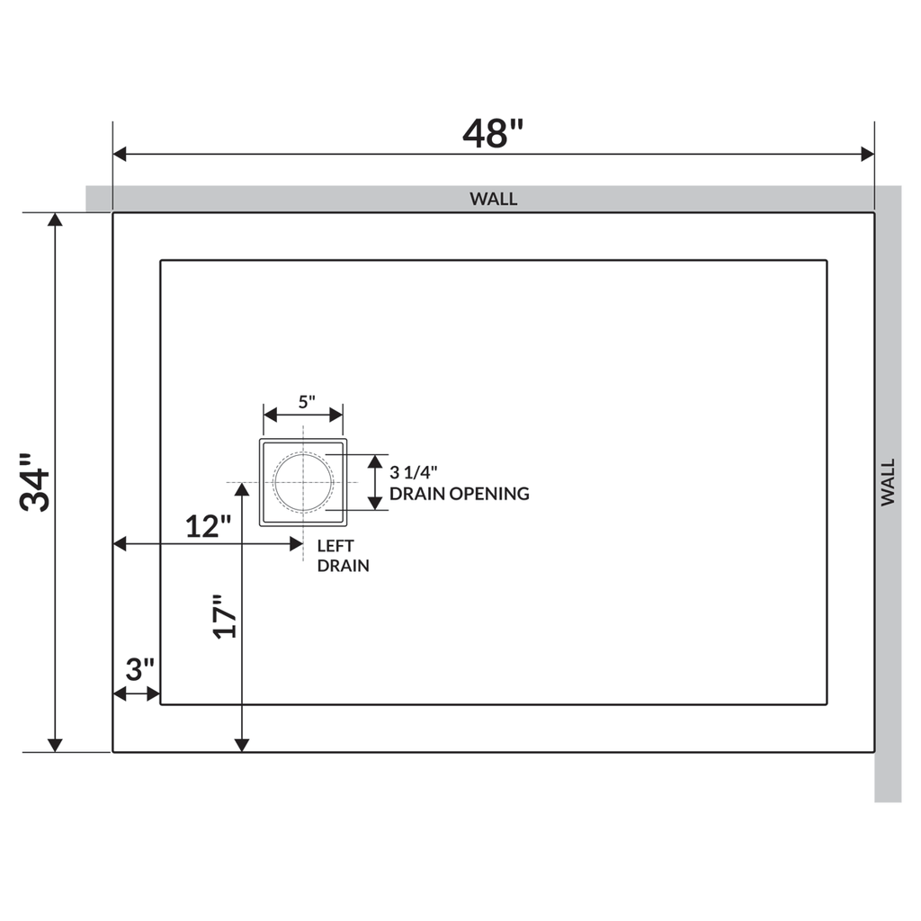 48x22x34x22 Shower Base Pan Left Double Threshold Right Drain D803450