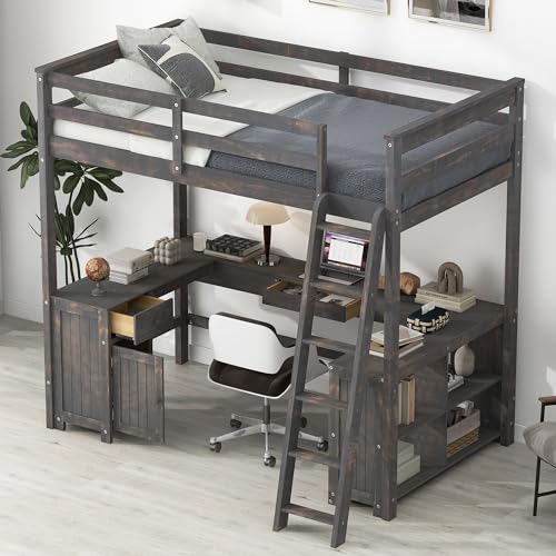Full Size Solid Wood Loft Bed with Desk and Storage Drawers (White) E5788