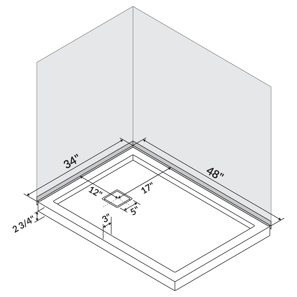 48x22x34x22 Shower Base Pan Left Double Threshold Right Drain D803450