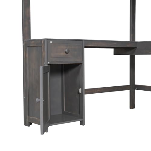 Full Size Solid Wood Loft Bed with Desk and Storage Drawers (White) E5788