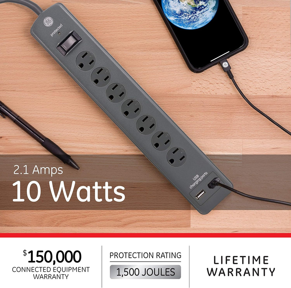 7 Outlet Surge Protector Power Strip with 2 USB Ports K325