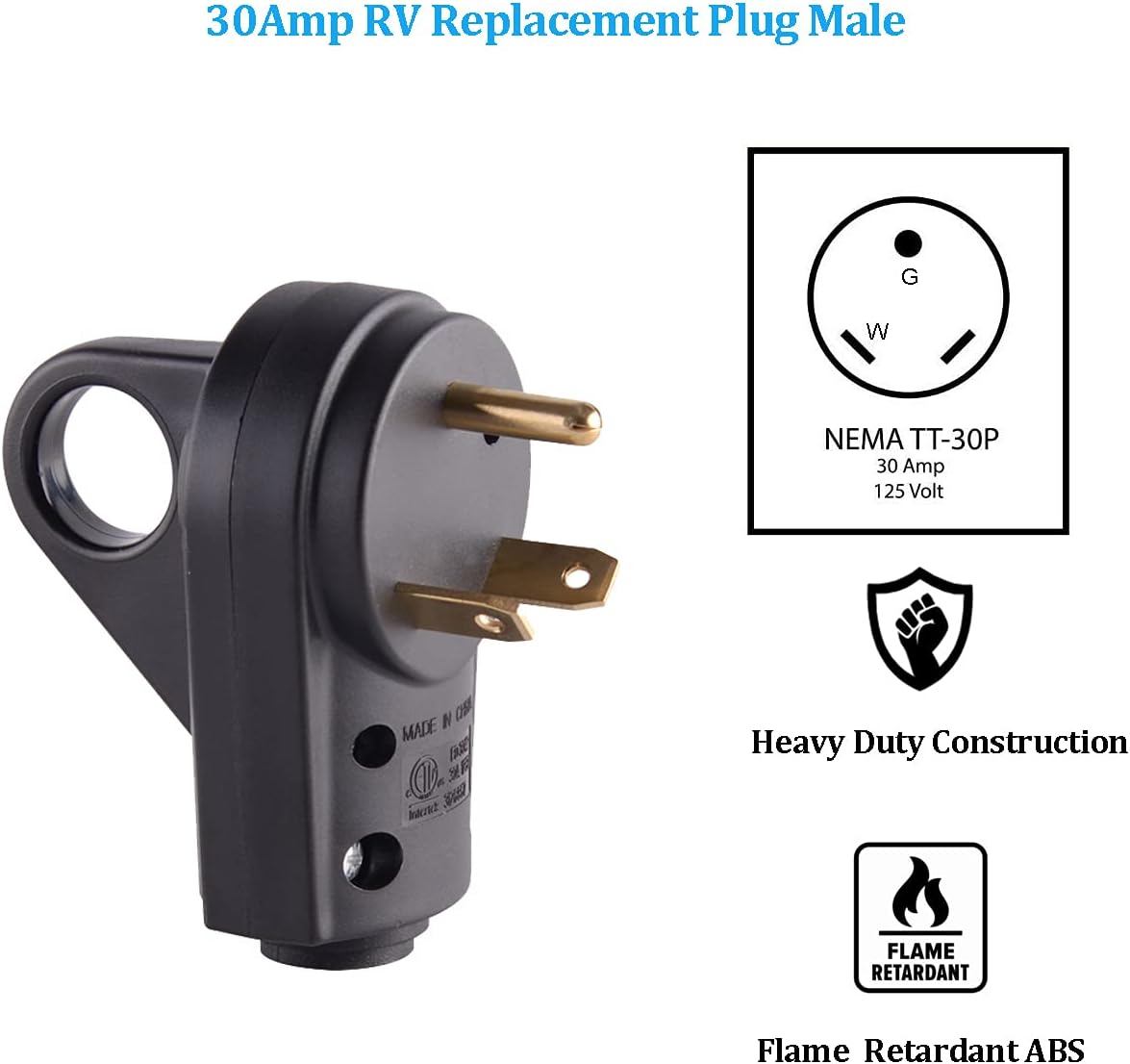 30 Amp RV Plug Male Replacement 3 Prong Electrical Power Connector Pack of 2 J97254