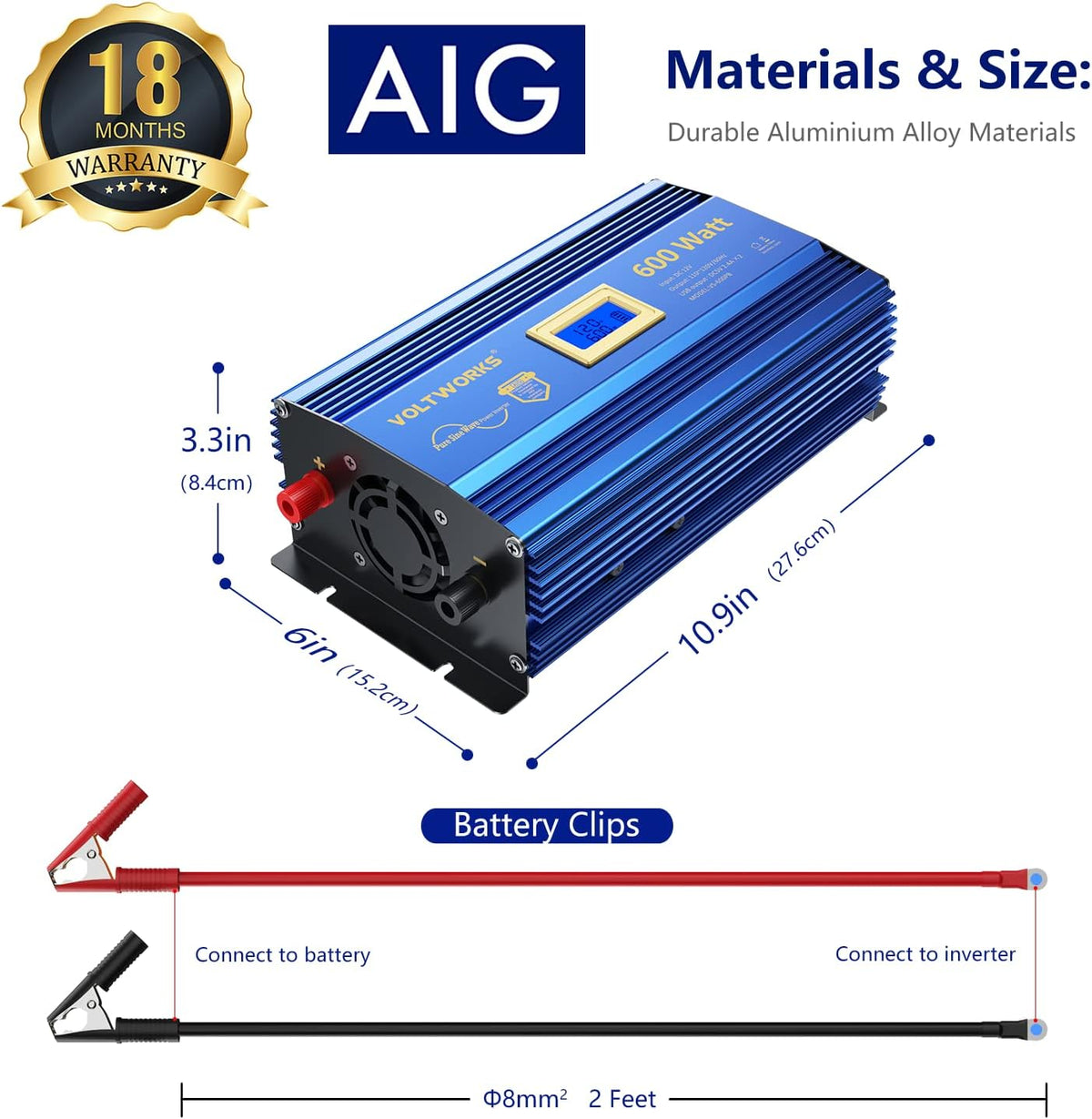 600 Watts Pure Sine Wave Power Inverter DC 12V to AC 110V 120V with USB Port & LCD Display G6110