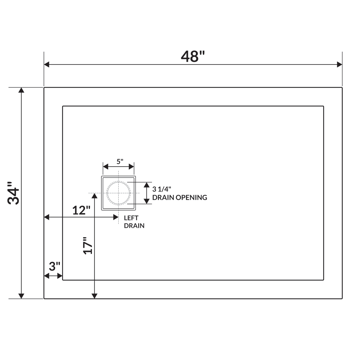 48x22x34x22 Shower Base Pan Left Double Threshold Right Drain D803450