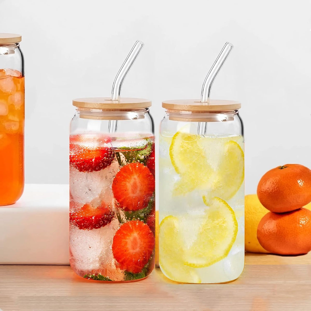 16 oz Glass Tumbler with Bamboo Lid and Straw A47366