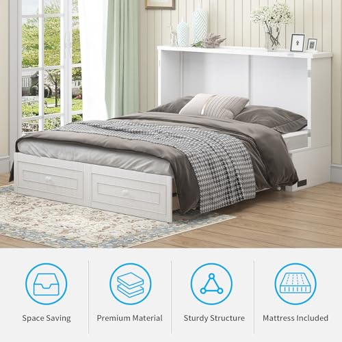 Queen Size White Murphy Bed Cabinet with USB Charging Station H88631