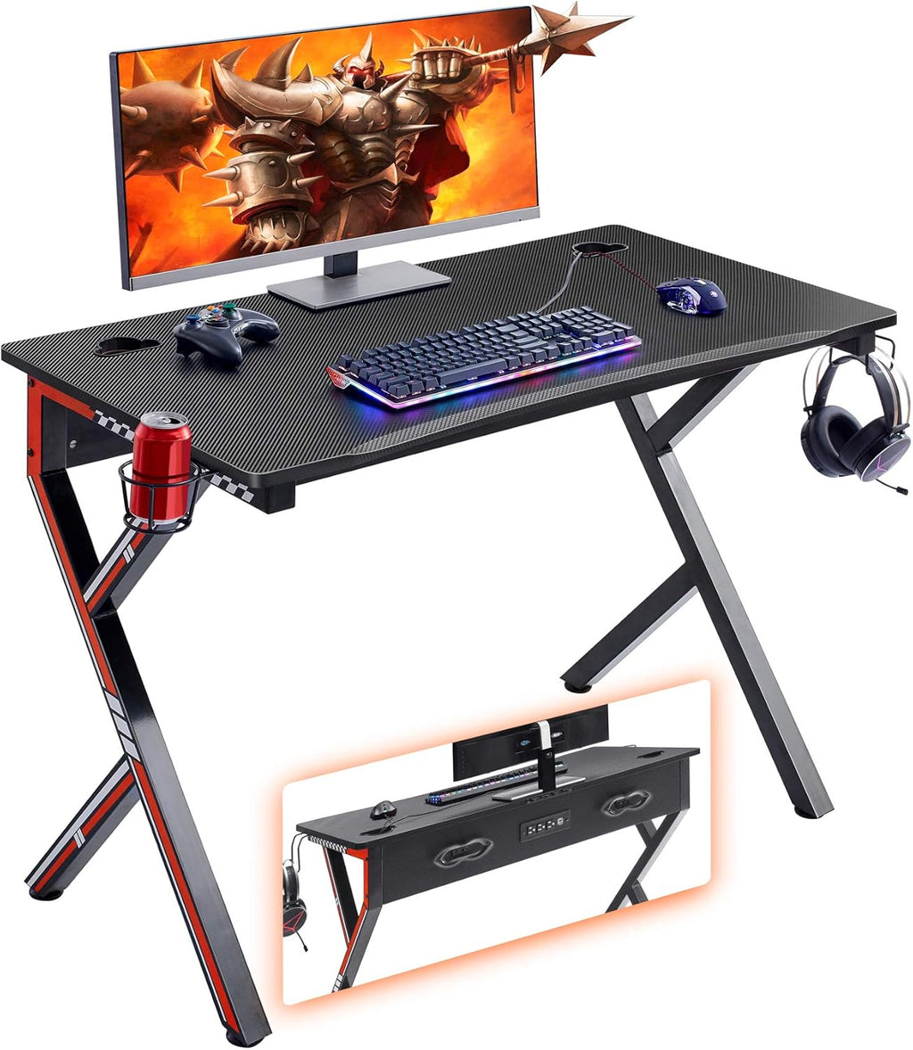 Large Black Gaming Desk with Cup Holder and Headphone Hook T865482
