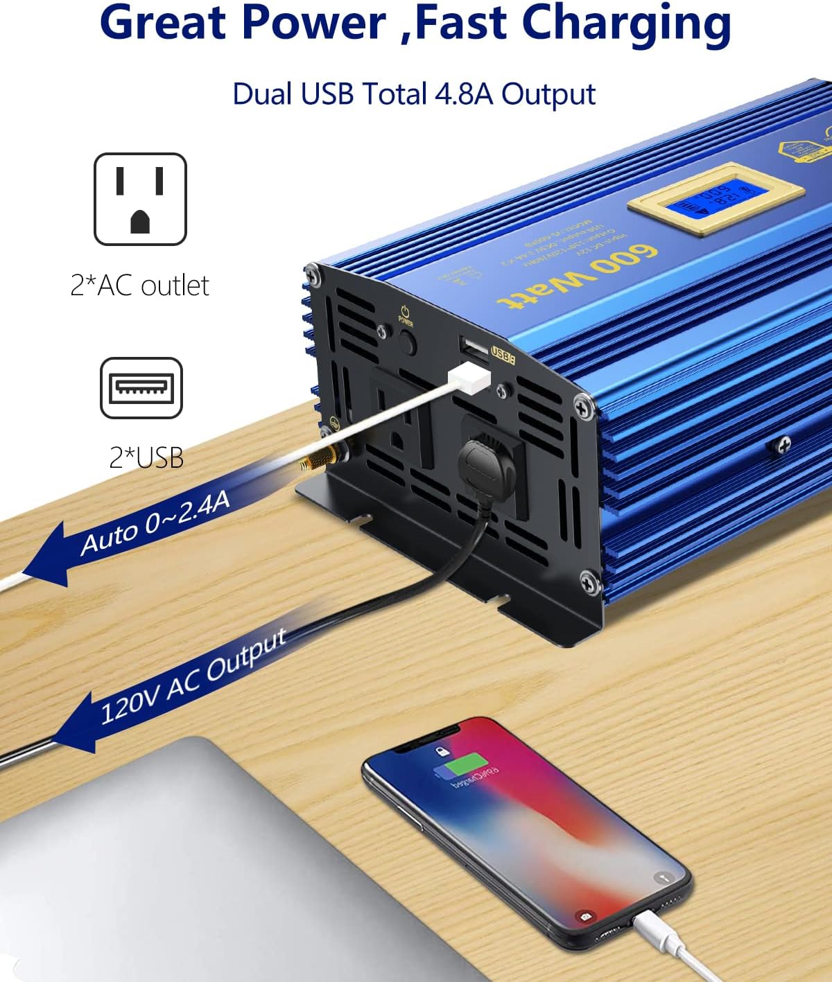 600 Watts Pure Sine Wave Power Inverter DC 12V to AC 110V 120V with USB Port & LCD Display G6110