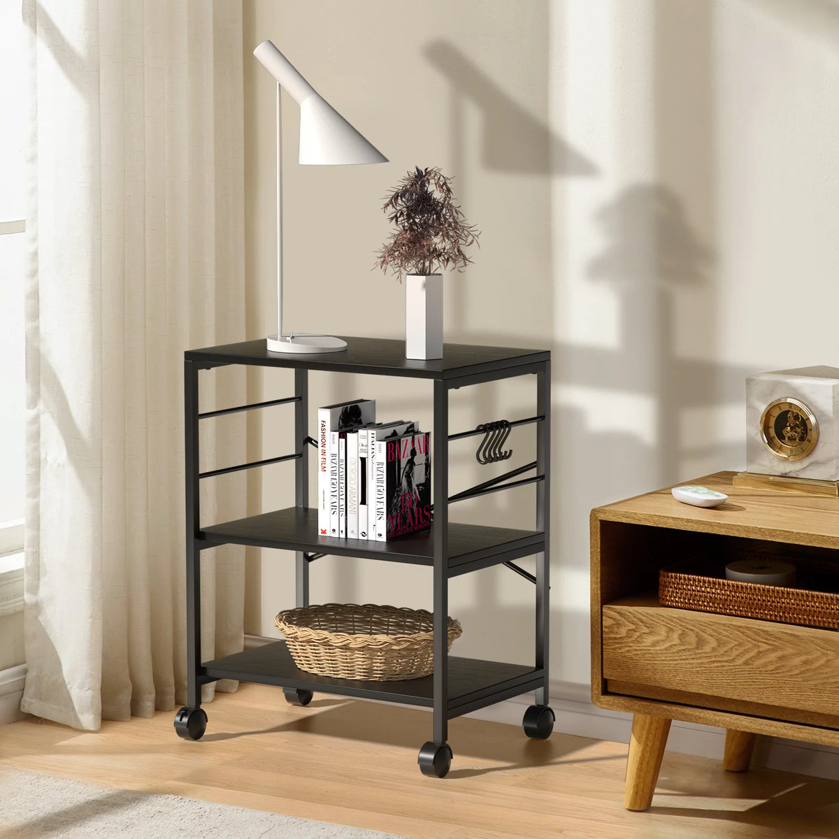 3-Tier Rolling Kitchen Utility Cart with 5 Hooks M490