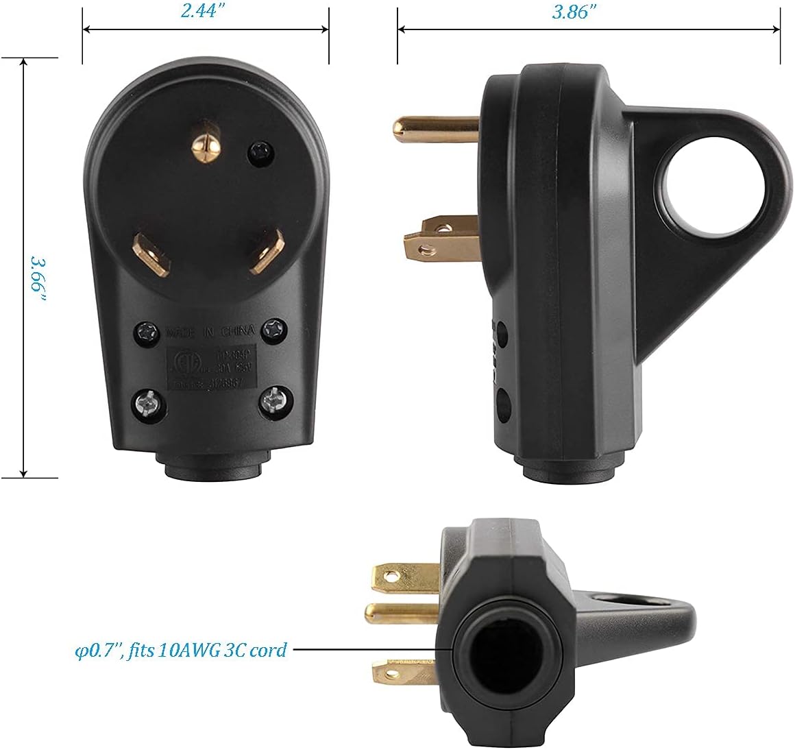 30 Amp RV Plug Male Replacement 3 Prong Electrical Power Connector Pack of 2 J97254