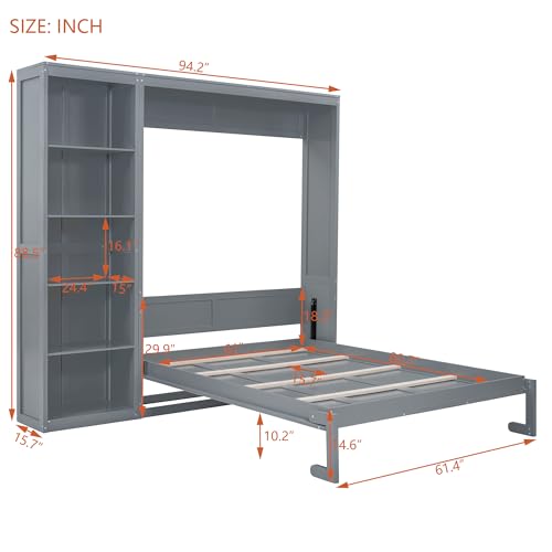 Queen Murphy Bed with Storage Bookcase Shelves, Wood Folding Grey Murphy Wall Bed Cabinet B806