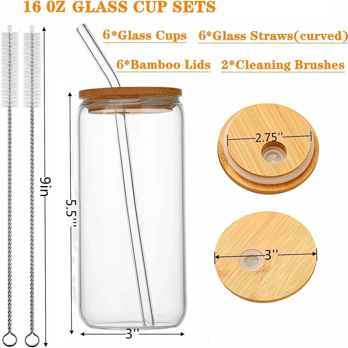 16 oz Glass Tumbler with Bamboo Lid and Straw A47366