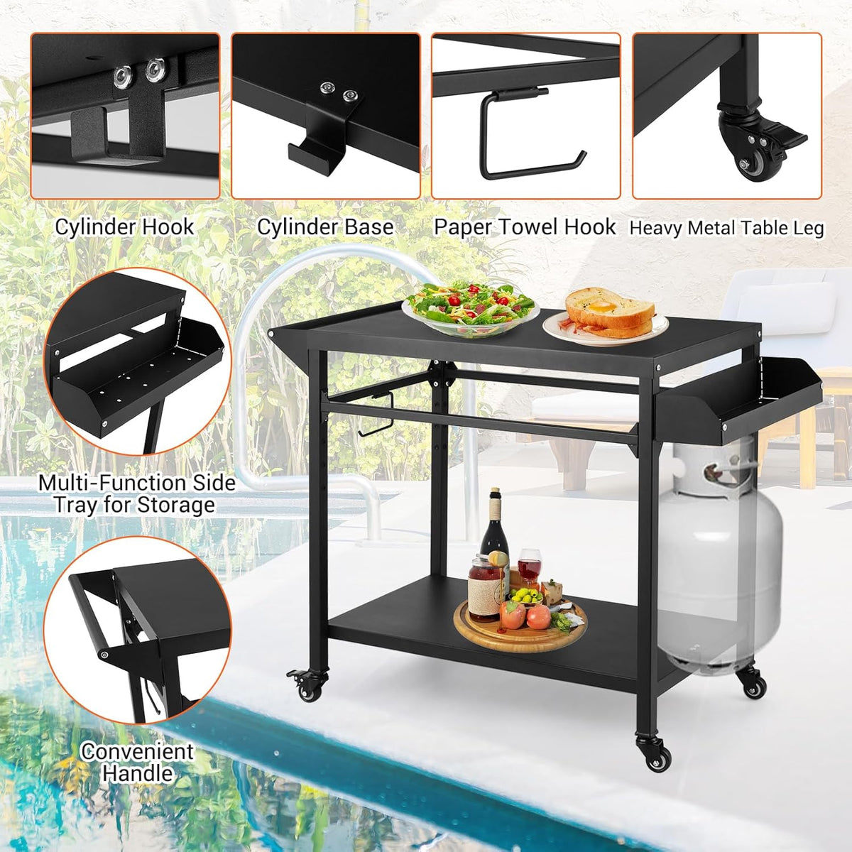Black Outdoor Grill Cart with Lockable Wheels R591
