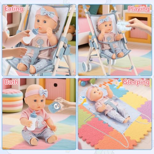 12 inch Doll Stroller Crib Bed Nursery Role Play Set with Play Mat and Travel Bag B625
