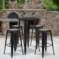 24-Inch Round Metal Indoor-Outdoor Bar Table Set with 4 Backless Barstools, Black F211