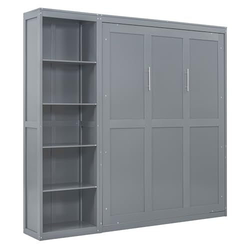 Queen Murphy Bed with Storage Bookcase Shelves, Wood Folding Grey Murphy Wall Bed Cabinet B806