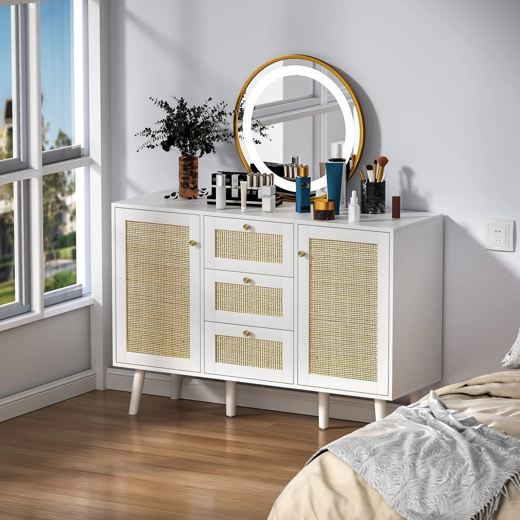 White Rattan Storage Cabinet with 2 Doors 3 Drawers Y6463